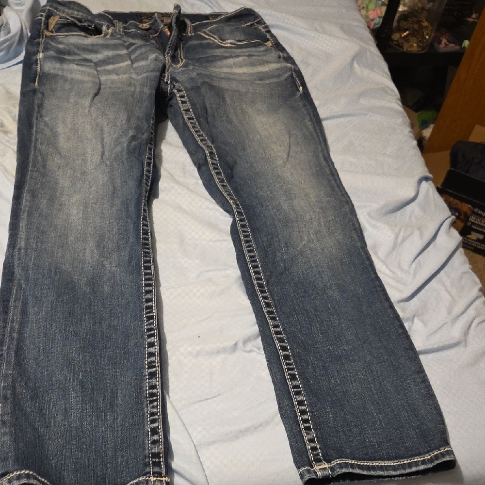Salvage Blue Straight Jeans with Vintage Distressed Look